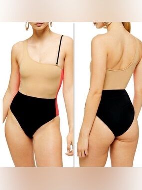 Topshop Colorblock One-Shoulder Swimsuit in Nude, Black & Coral